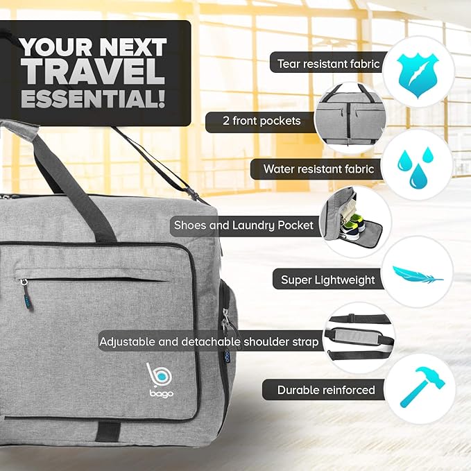 Bago Large Foldable Duffel Bags for Traveling Women & Men - 100L Packable Duffle Bag for Travel with Shoe Compartment - Water Repellant, Heavy Duty, Lightweight Folding & Collapsible (SnowGray)