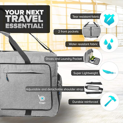 Bago Large Foldable Duffel Bags for Traveling Women & Men - 100L Packable Duffle Bag for Travel with Shoe Compartment - Water Repellant, Heavy Duty, Lightweight Folding & Collapsible (SnowGray)