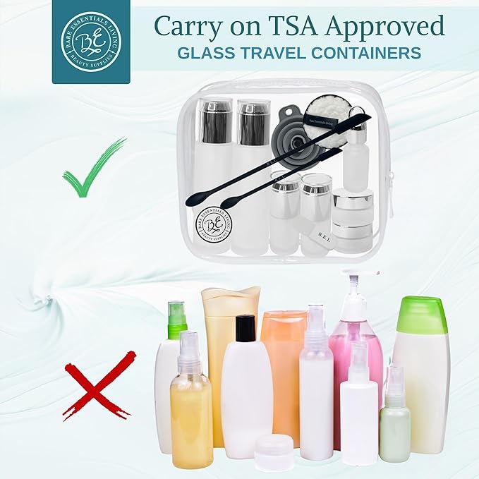 14 Pcs Travel Skincare Containers Set-TSA Approved Toiletry Bag & Glass Travel Bottles for Toiletries Pump, Spray & Dropper Bottles Travel Size Containers for Foundation, Serum Moisturizer Oil & Cream