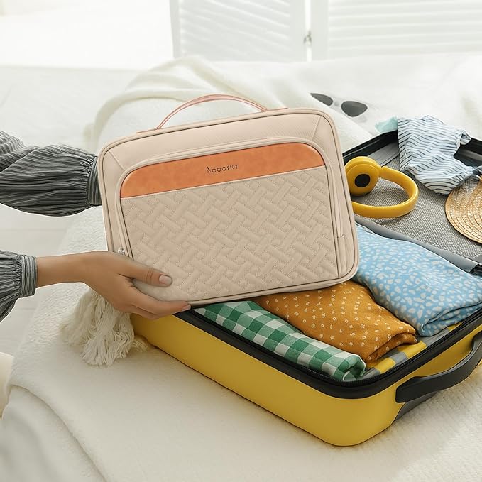 Travel Hanging Toiletry Bag for Women, Cruise Ship Essentials, with Jewelry Organizer, Extra Large Makeup Dopp Kit, Waterproof Cosmetic Bags, Toiletries Kit Set with Trolley Belt, Khaki