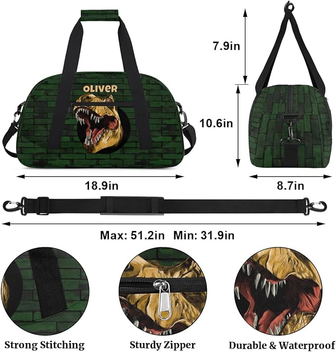 Personalized Duffel Bag for Kids Girls Boys, Scary Dinosaur Custom Name Gym Bag Overnight with Padded Handles Carry On Weekend Sports Travel Bag for School Practice Gymnastics Ballet