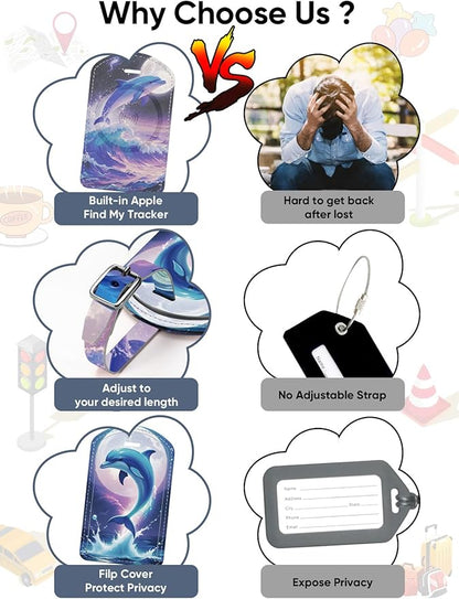 Luggage Tags Built-in Anti-Loss Tracker, Luxury Leather Luggage Tags for Suitcase, Travel Bags, Backpacks, Travel Organizer for Lost Baggage Prevention (Moon Dolphin)