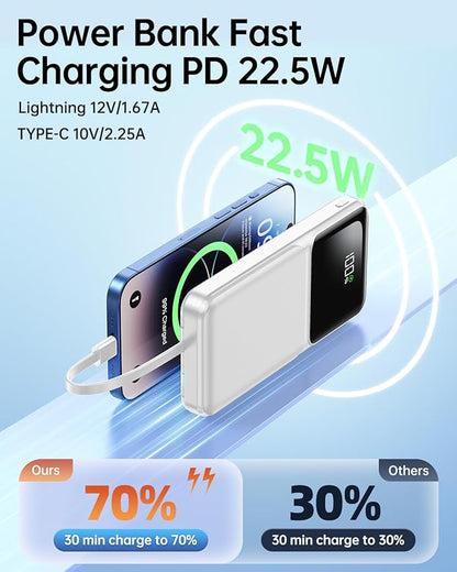 Portable Charger with Built in Cable - Power Bank Fast Charging USB C LED Display 10000mah Battery Pack 5 Outputs & 3 Inputs for Travel Essentials iPhone Samsung Android Phones Tablets White