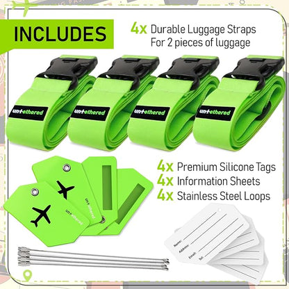 Untethered Ultimate Travel Set: 4 Premium Luggage Straps and 4 Silicone Tags - Secure & Identify Your Bags with Ease (Green + Tags)