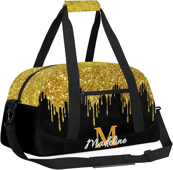 Personalized Kids Sports Duffel Bag with Name Custom Weekender Overnight Bag for Boys Girls Gym Bag Travel Dance Gymnastics Duffel Bag, Golden Glitter