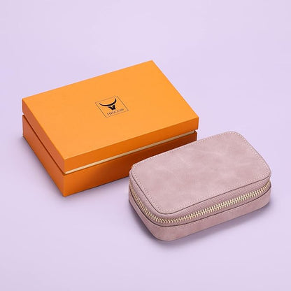 HISCOW Vegan Leather Travel Jewelry Case with Zipper - Portable Necklace & Earring Holder Organizer for Women Girls, Velvet-Lined Ring Box with Anti-Tarnish Design, Grayish Purple