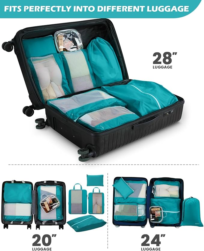 Gonex 8 Set Compression Packing Cubes, Expandable Mesh Organizer for Travel Accessories, Essentials With Toiletry, Laundry, Shoe, Cable Bags for Suitcases, Blue