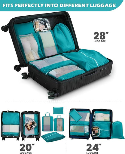 Gonex 8 Set Compression Packing Cubes, Expandable Mesh Organizer for Travel Accessories, Essentials With Toiletry, Laundry, Shoe, Cable Bags for Suitcases, Blue