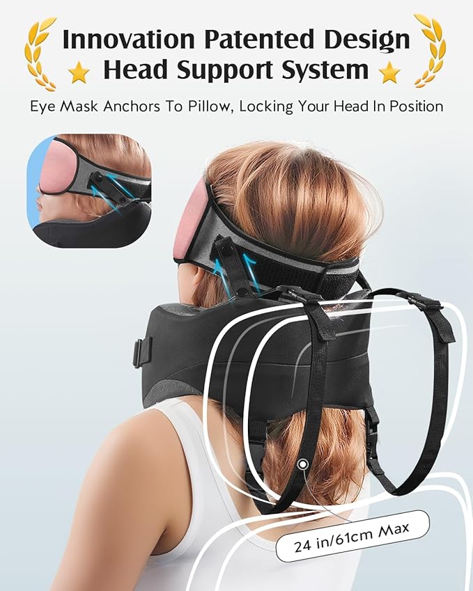 YFONG Travel Pillow for Long Flight Airplanes, Head Strap Combo with 3D Contoured Eye Mask for Sleep, Neck Pillow for Car Trip Essential, 360° Support Memory Foam Headrest, Prevent Head Bobbing, Pink
