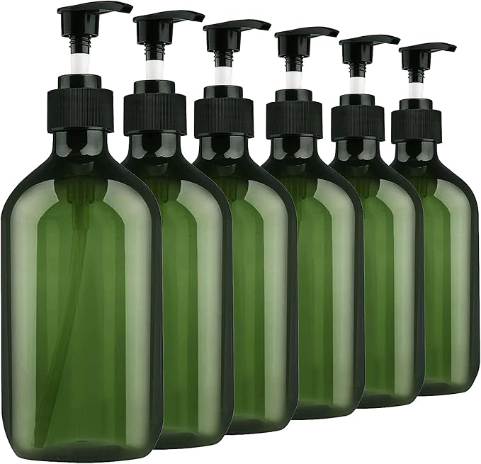 Empty Plastic Bottles with Pump Dispenser and Labels Included, Refillable Travel Containers for Hand sanitizer Shampoo Lotion, etc - No BPA/Parabenf, 500ml/16.9oz (Green, 6 Pack)