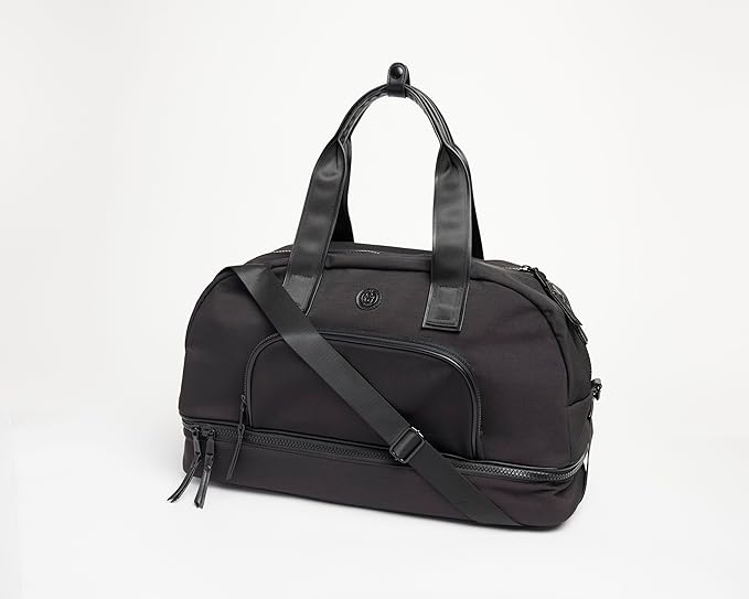 Joan & David 22" Drop Bottom Travel Weekender Overnight Gym Duffel Bag, Includes Front Zip Pocket, Interior Mesh Zip, Detachable Pouch with TSA Approved Bottles (Black)