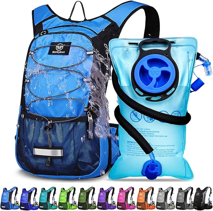 Insulated Hydration Backpack Pack with 3L BPA Free Leak Proof Water Bladder, Large Storage Lightweight Hiking Daypack with Waist Pouches & Cooler Layer, for Running, Biking, Camping, Festival