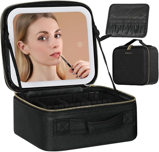 Travel Makeup Bag with LED Lighted Mirror, Cosmetic Makeup Organizer Bag with 3 Color Setting, Makeup Train Case with Adjustable Dividers for Women Makeup Brushes Jewelry Accessories (Black)