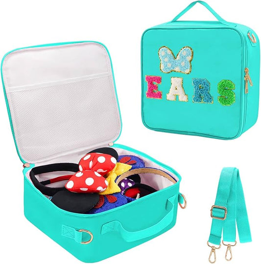 Chenille Letter Bow Mouse Ears Travel Case, Park Ears Headband Holder Hair Accessories Organizer Bag for Girls Women Kids Adults, Large Makeup Bag Snack Bags with Zipper for Travel Picnic - Cyan