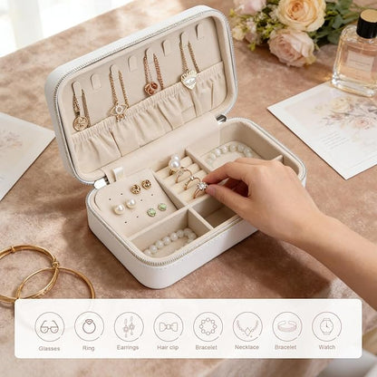 Travel Jewelry Case Stylish PU Leather Small Jewelry Case Organizer with Zipper Closure, Protects Jewelry from Scratches, Perfect Daily Companion White