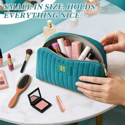 Monogrammed Make Up Bags for Women,Personalized Cosmetic Bags Women,Small Quilted Makeup Pouch,Cute Makeup Bag Travel,Birthday Gifts for Teen Girl (Blue W)