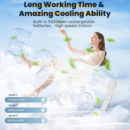 HandFan 5200mAh Personal Fan Handheld,180° Foldable Hand Held, Battery Operated Rechargeable Fan, Portable Charger Design, 3 Speeds,20H Runtime for Travel/Wedding/Camping/Outdoors/Indoors (White)