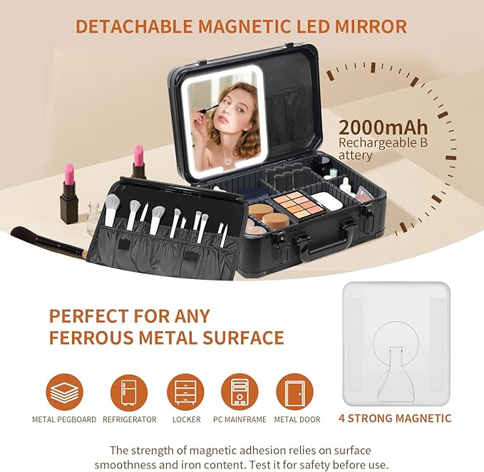 15"x11" Makeup Case with Lighted Mirror & Brush Holder - Waterproof Travel Organizer, Customizable Storage, Rechargeable LED Vanity for Women (black)