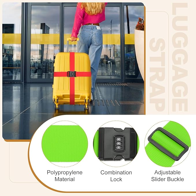 MECCANIXITY Luggage Straps with Combination Lock Adjustable Suitcase Belt Strap for Suitcase Briefcase Backpack Travel, Fluorescent Green, Pack of 4