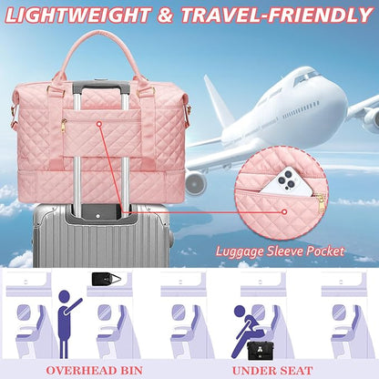 Gifts for Friend Women Girls Birthday Christmas Initial Travel Duffle Bag Quilted Weekender Bags Carry-On Overnight with Cosmetic Bag, Gym Bag with Shoe Compartment, Pink-O