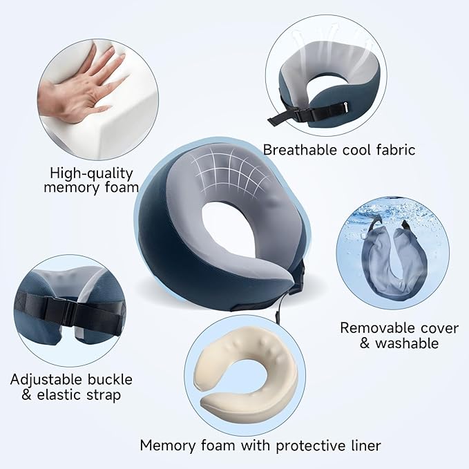 SPRFUFLY Super Soft Travel Pillow, 100% Memory Airplane Pillow with Sleep Mask and Ear Plugs, Breathable Removable Cover & Ergonomic Design - Essentials Neck Pillow for Airplane, Office & Home Use