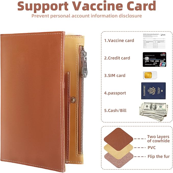 Slim Passport Holder for Man & Women, Compact Leather Passport Wallet with Card Holders SIM Slots and Zippered Pocket, for Secure Traveling and Documentation Organizer (Brown)