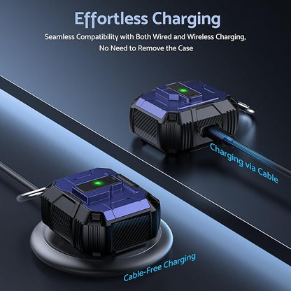 DASFOND Armor Cover Airpods 3 Generation Case, Military Grade Full Body Shockproof Protection Hard Case, Support Wireless Charging with Keychain, Magnetic Lid, Front LED Visible, Blue