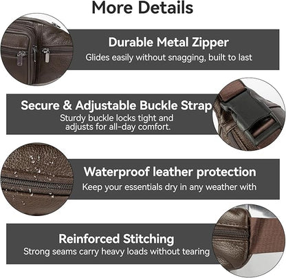 Genuine Leather Fanny Pack For Men and Women Multiple Pockets Waist Bag with Adjustable Strap for Travel Casual Sports Hiking Cycling Fishing Running Brown Belt Bag
