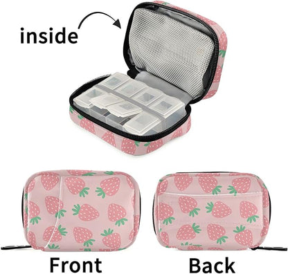 Fustylead Pink Strawberries Travel Pill Organizer Bag with Zipper Small Pill Box 7 Day Pill Case for Purse Storage Weekly Vitamin Medicine Supplement