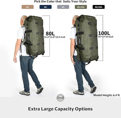STOVER 80L Rolling Duffel Bag with Wheels, Large 31 Inch Durable Travel Duffle + Toiletry Bag, Heavy Duty, Packable, Foldable w/Shoulder Straps- Use as Luggage or Backpack, Men/Women (Green)