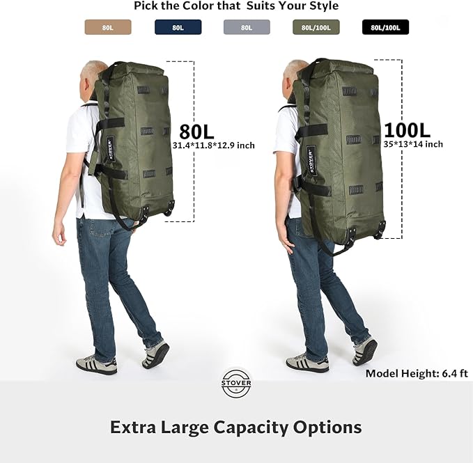 STOVER 80L Rolling Duffel Bag with Wheels, Large 31 Inch Durable Travel Duffle Bag + Toiletry Bag, Heavy Duty, Packable, Foldable w/Shoulder Straps- Use as Luggage or Backpack, Men/Women (Tan)