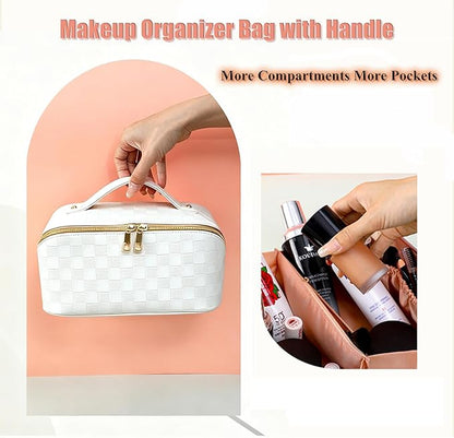 Cosmetic Bag,Travel Makeup Bag, Large Capacity Cosmetic Bags for Women, Waterproof Portable Open Flat Toiletry Bags,Makeup Organizer Bag with Divider and Handle, Cosmetic Pouch Gifts for Women (White)