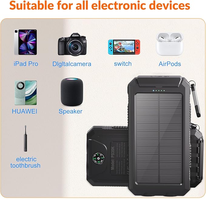 Power Bank Solar Charger 20,000mAh, Portable Phone Charger, 4 Cables Outdoor Waterproof External Backup Power Charger with USB-C for Cell Phones, Solar Battery Pack with Dual Flashlight for Camping