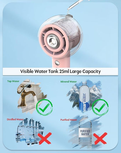 Portable Misting Fan, Handheld Turbo Fan with Mist, 6000mAh Battery Rechargeable Personal Fans Mister 4-Speed, 25ml Water Spray Tank, Gifts for Women Men Home Office Travel Outdoor Camping