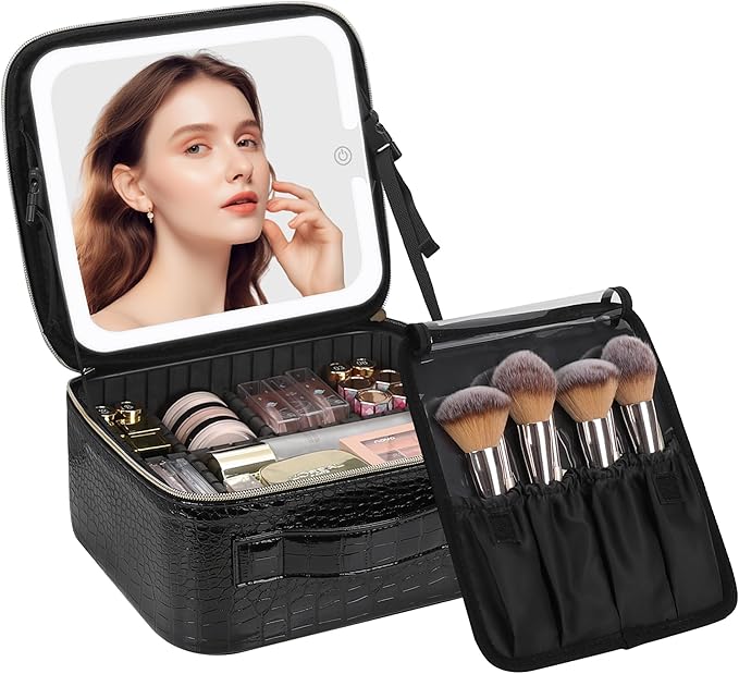 Chomeiu Makeup Bag with LED Mirror, Travel Makeup Case for Women and Makeup Artists Cosmetic Organizer Large Make Up Bags with Light Up Mirror, 3 Color Lights, Adjustable Dividers, Crocodile Pattern