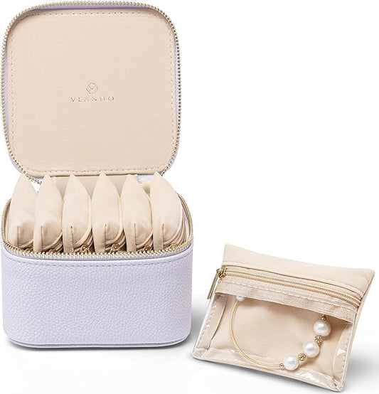 Vlando Travel Jewelry Case,Small Jewelry Box with 6 velvet zipper pockets,PU Leather Travel Jewelry Organizer for Women Girl Travelers Christmas Birthday Gift-Purple