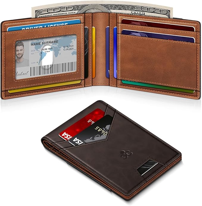 Wallet for Men Slim Leather Wallets for 13-17 Cards, RFID Blocking Thin Card Holder Wallet with ID Window & Large Capacity Cash Slot, Minimalist Bifold Small Wallet for Front Pocket, Gift for Men