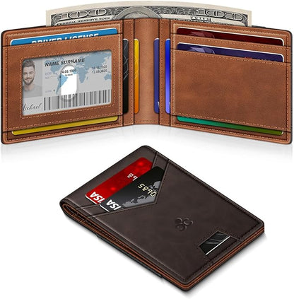 Wallet for Men Slim Leather Wallets for 13-17 Cards, RFID Blocking Thin Card Holder Wallet with ID Window & Large Capacity Cash Slot, Minimalist Bifold Small Wallet for Front Pocket, Gift for Men
