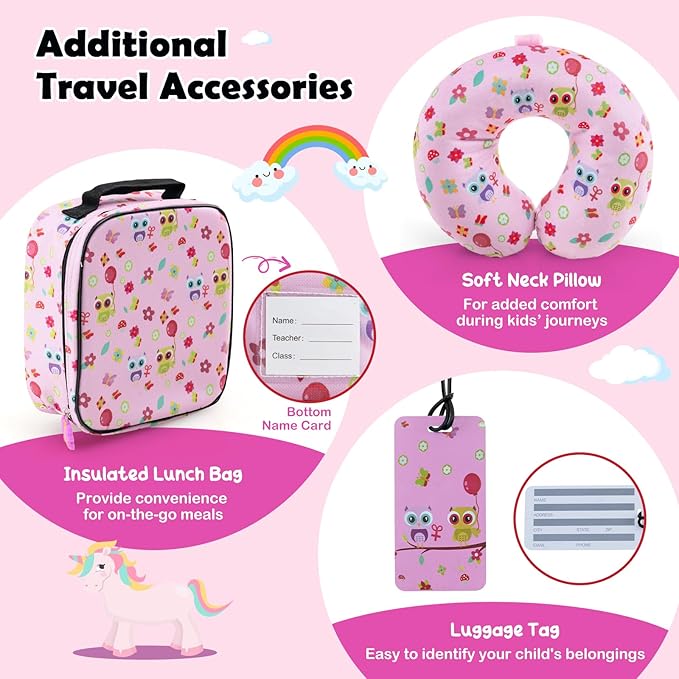 Goplus 5 Piece Kid’s Luggage Set, 16” Carry on Suitcase w/13” Backpack, Neck Pillow, Hardside Spinner Toddler Luggage, Travel Rolling Suitcase for Boys Girls Gifts (Pink, Owl)
