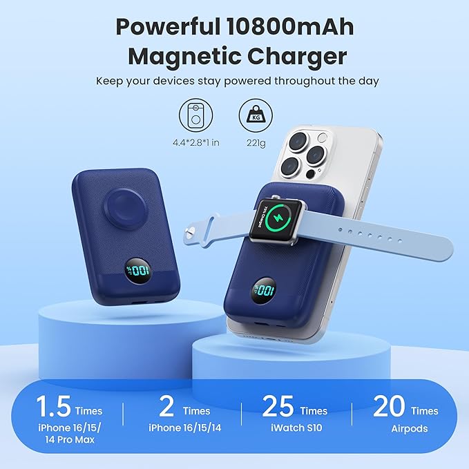 Magnetic Portable Charger for iPhone,10800mAh 4-in-1 Power Bank with iWatch Charger,25W PD Fast Charging Battery Pack for Magsafe,iPhone 17/16/15/14/13/12 Series,Apple Watch,Travel Essential,Blue