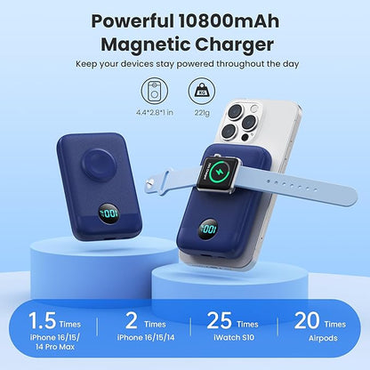 Magnetic Portable Charger for iPhone,10800mAh 4-in-1 Power Bank with iWatch Charger,25W PD Fast Charging Battery Pack for Magsafe,iPhone 17/16/15/14/13/12 Series,Apple Watch,Travel Essential,Blue