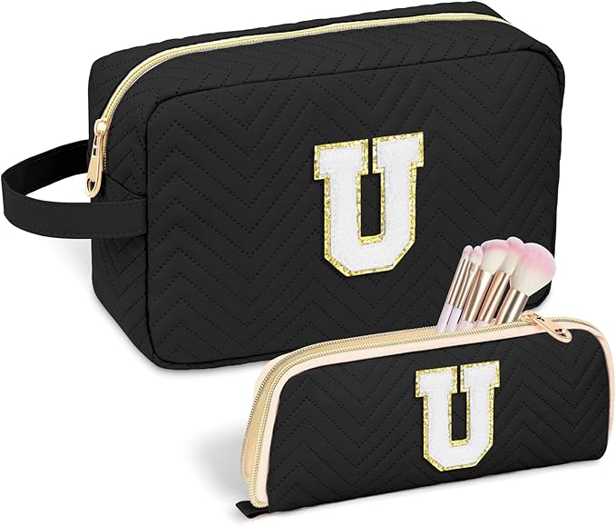 Personalized Initial Makeup Bag Trendy Stuff Leather Waterproof Cosmetic Bag Travel Toiletry Bag, Christmas/Thanksgiving/Halloween Gifts Makeup Organizer Case for Women Girls Mom Girlfriend Wife