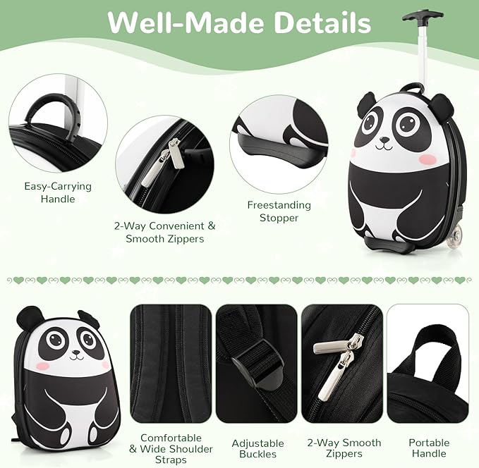 HONEY JOY Kids Luggage, 12” Children Hardshell Backpack & 16” Toddler Travel Rolling Suitcase, 2 Pcs Lightweight Carry On Luggage Set, Kids Luggage with Wheels for Girls & Boys(Black Panda)