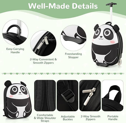 HONEY JOY Kids Luggage, 12” Children Hardshell Backpack & 16” Toddler Travel Rolling Suitcase, 2 Pcs Lightweight Carry On Luggage Set, Kids Luggage with Wheels for Girls & Boys(Black Panda)