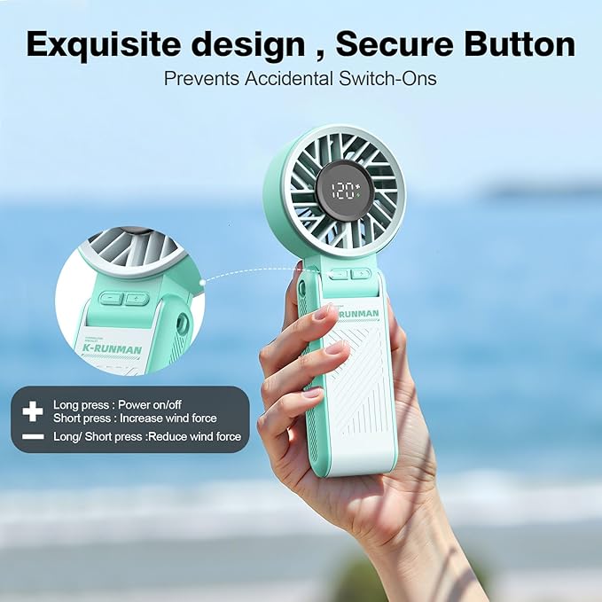 Portable Handheld Fan, 4000mAh Rechargeable, 6 Speed Settings, LCD Display, 3-in-1 Foldable Mini Desk Fan with Lanyard (Green)
