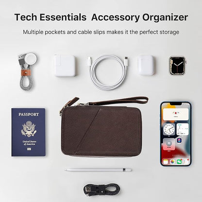 Electronic Organizer Case Tech Kit, Top Grain Leather Handmade, Portable Compact Travel Electronic Accessories Storage Case Fits Phone, USB Cables, Chargers, Hard Drive, Cards, Apple pencil