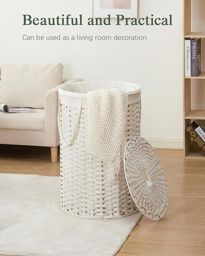 Large Laundry Hamper Laundry Basket Round 34.3 Gal (130 L) Handwoven Wicker Laundry Baskets Rattan Laundry Basket with Laundry Bag Handles 2 Mesh Bags for Living Room Bedroom White