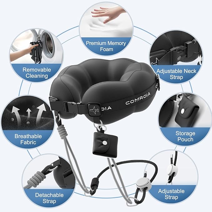 Travel Neck Pillow for Airplane, Super Soft Neck Support Travel Pillow - Lightweight and Stylish Convertible Style - Ergonomic Design for Long Flights, Car, Train & Office Use (Black)