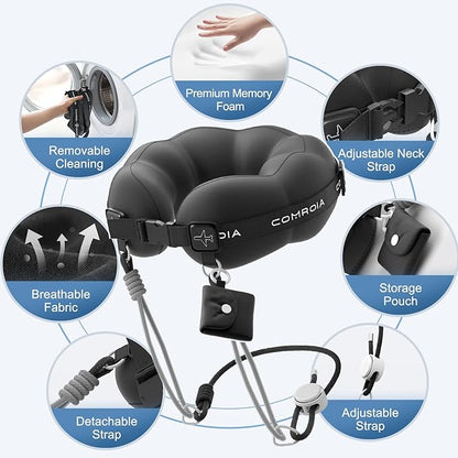 Travel Neck Pillow for Airplane, Super Soft Neck Support Travel Pillow - Lightweight and Stylish Convertible Style - Ergonomic Design for Long Flights, Car, Train & Office Use (Black)