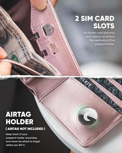 VULKIT Passport Holder with Airtag Holder RFID Blocking Passport Wallet Travel Leather Passport for Women(Pearl Pink)